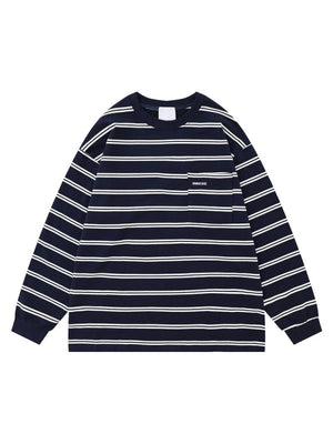 Stripes Color-blocked Embroidery Pocket Loose-fit T-shirts