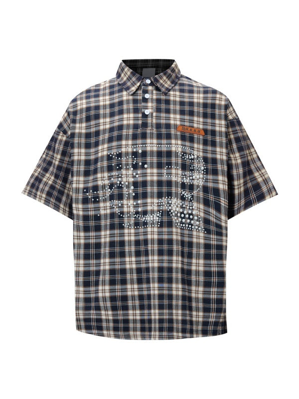 Retro Plaid Pearl Beading Polo Shirts