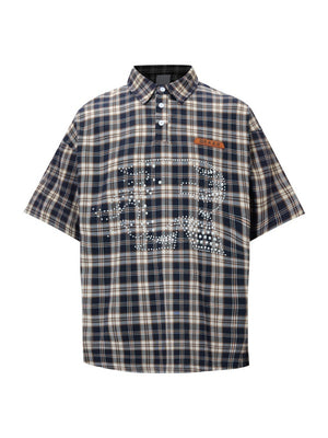 Retro Plaid Pearl Beading Polo Shirts