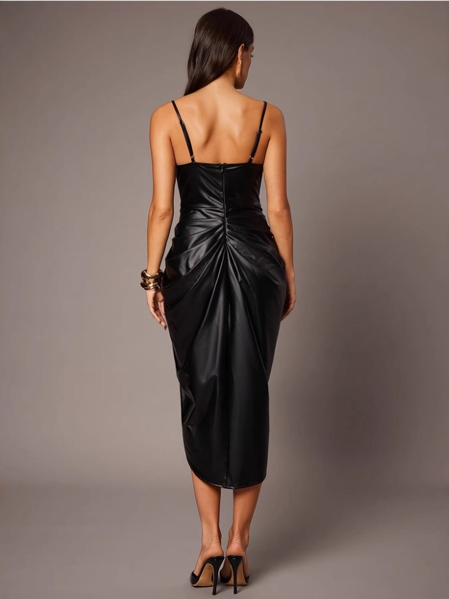 PU Leather Camisoles Gathering Slit Hip-hugging Parties Mini&Short Dresses
