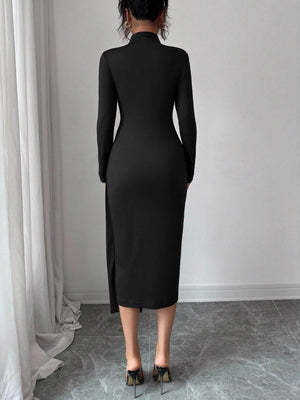 Small Stand Collar Knitting Metal Buckle Decoration Maxi Dresses