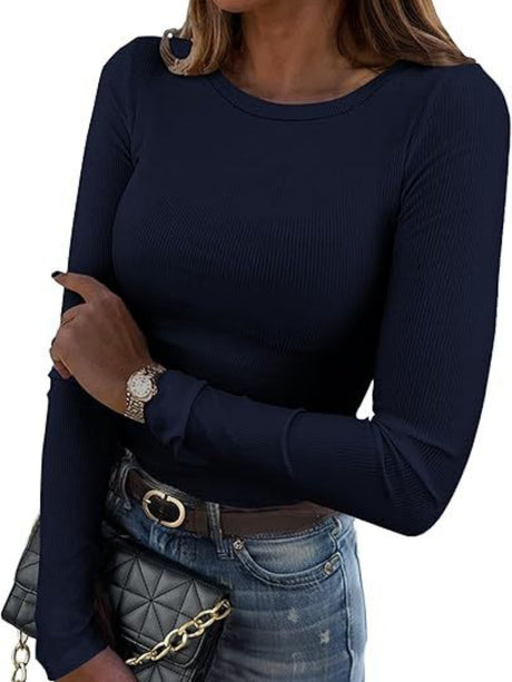 Pit Strip Long Sleeve Elastic Crew Neck Ribbed Slim Fit Basic T-shirts