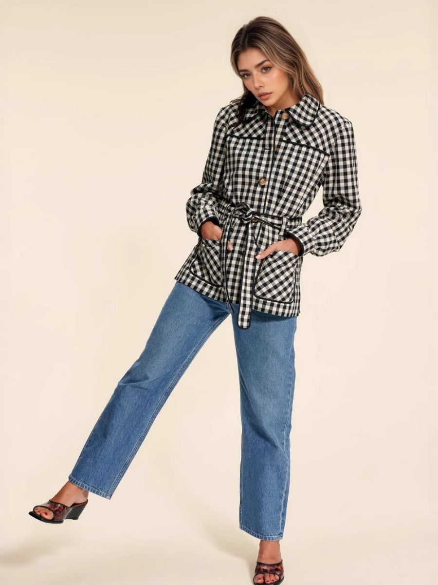 Liber Autumn women's plaid button belt patchwork jacket