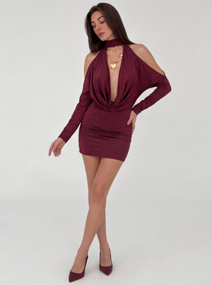 Burgundy Off-shoulder Halter Neck Long-sleeved Short Dress