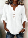 V-neck Solid Color Button Casual Ruffle Sleeve T-shirt
