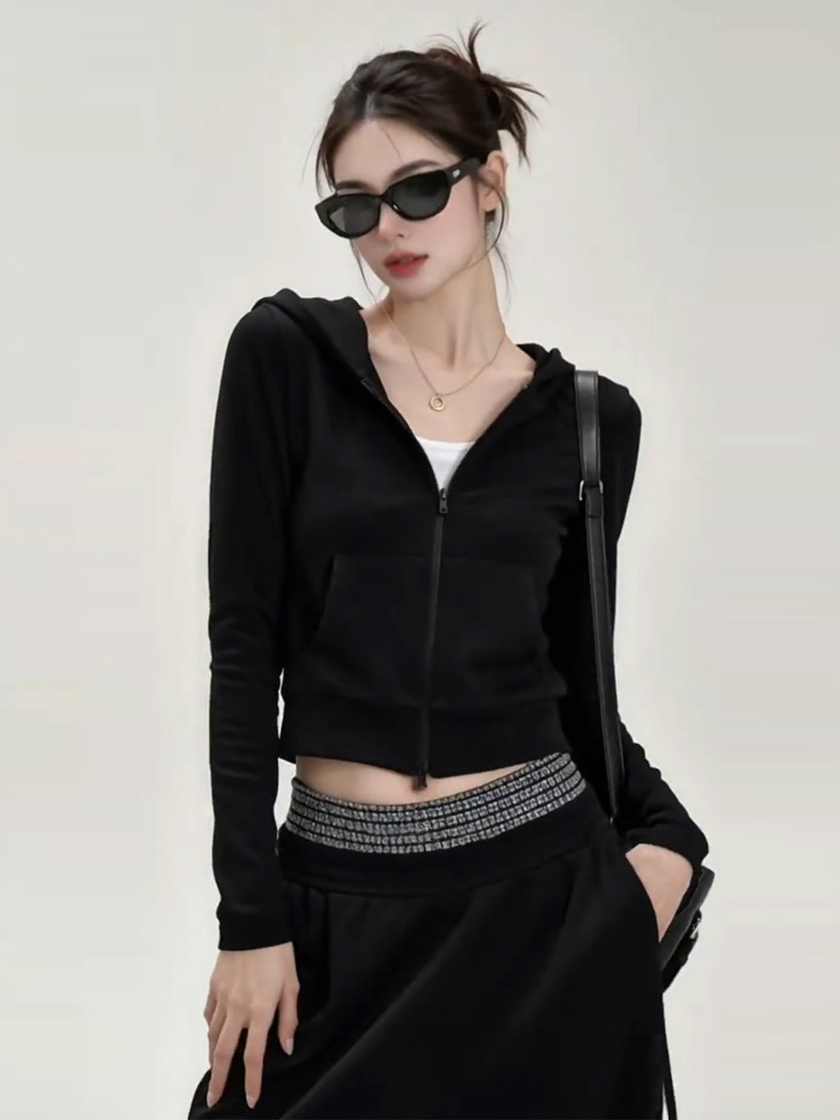 Korean Style Black Hooded Sweatshirt Wide-leg Tracksuit