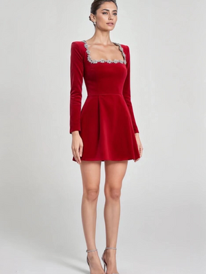 Square Collar Long Sleeve Diamond Velvet Mini&Short Dresses