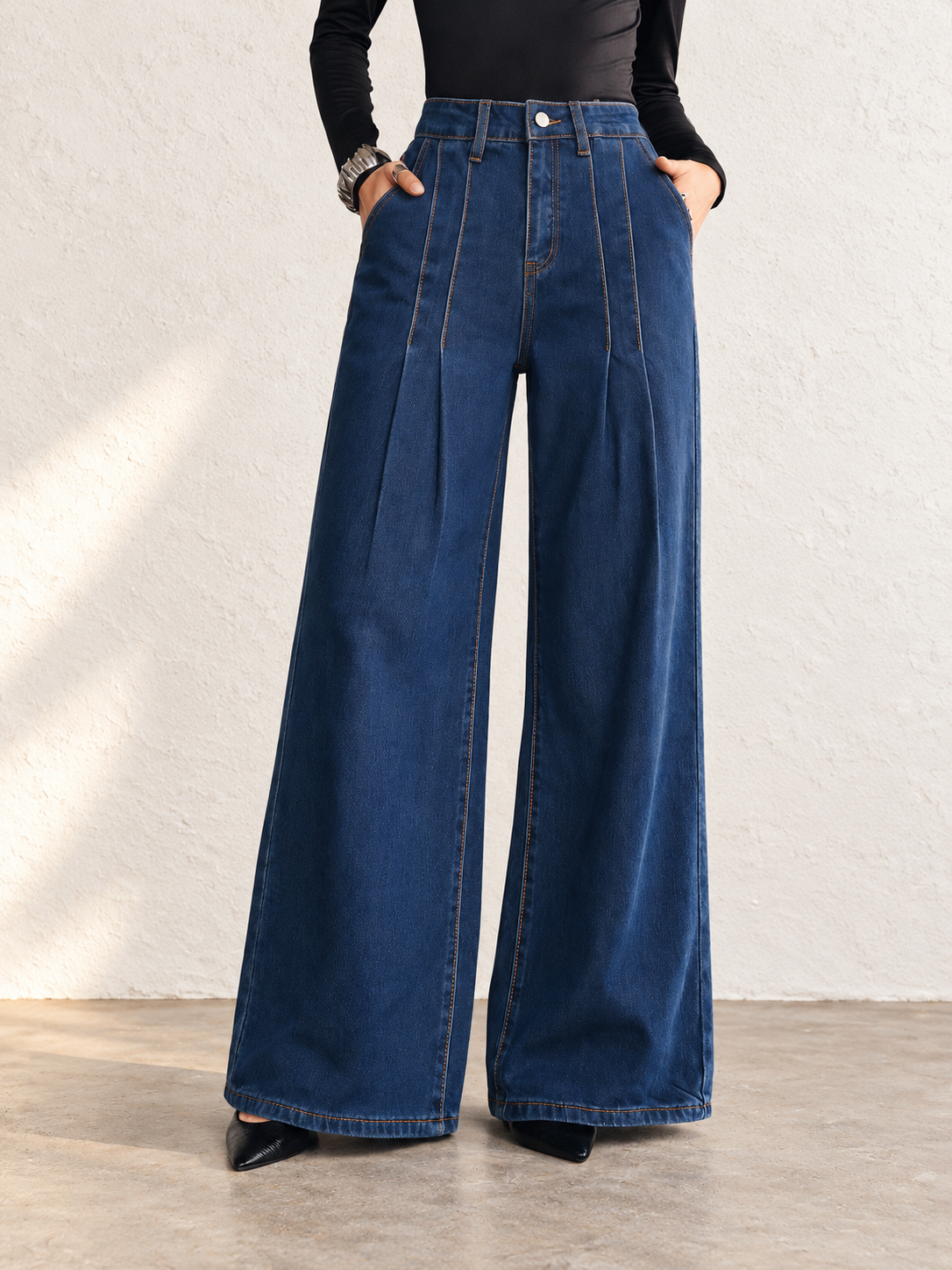 Women's Dark Washed High-Waisted Pleated Wide-Leg Jeans For Autumn/Winter
