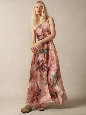 Off-shoulder Sleeveless Floral Print Maxi Dresses