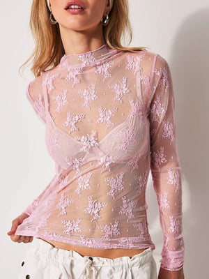 Lace See-through Sexy Mesh Mock Neck Long-sleeved Top