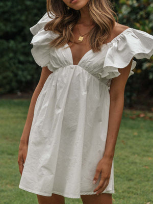 Lotus Leaf Sleeves V-neck High Waist Mini&Short Dresses