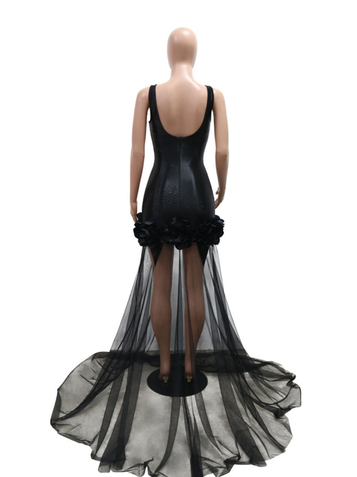 Robe de soirée maxi moulante à bretelles spaghetti et fleurs 3D ornées de strass