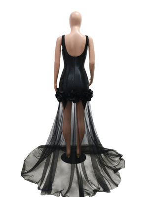 Robe de soirée maxi moulante à bretelles spaghetti et fleurs 3D ornées de strass