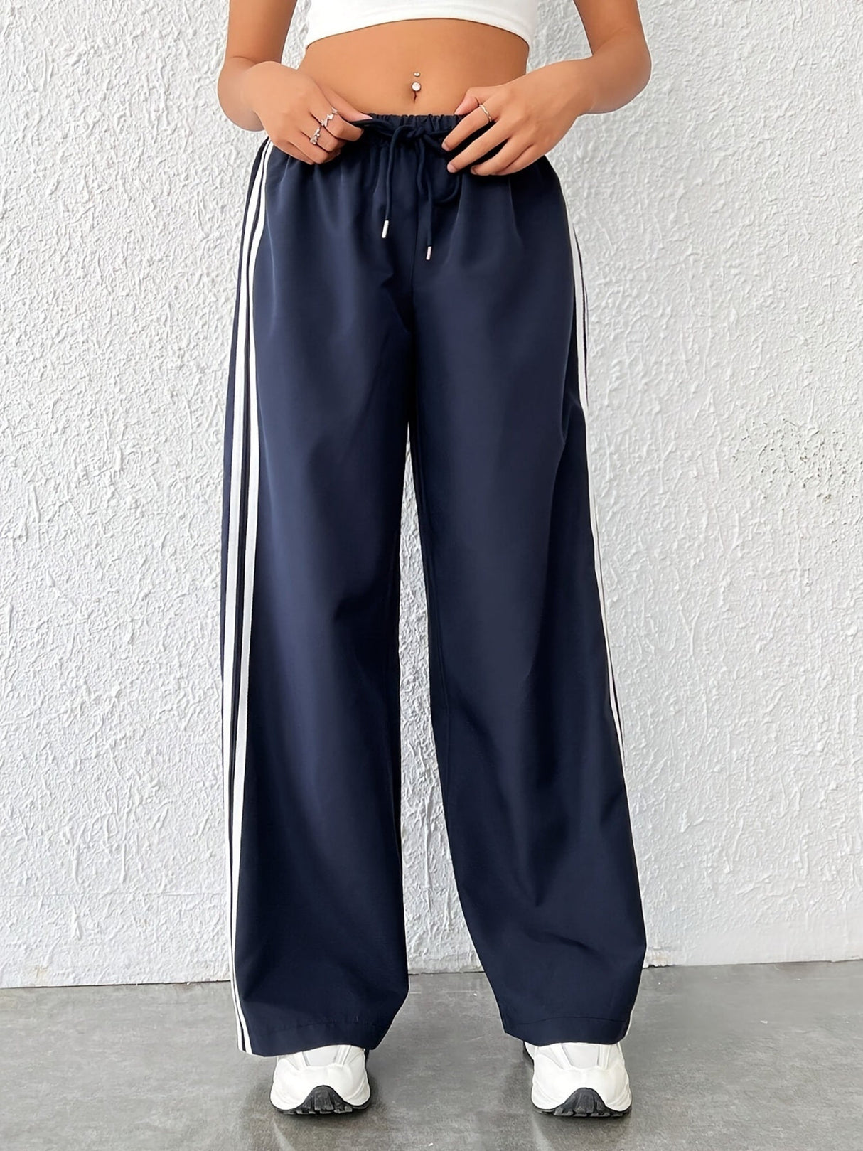 Side Stripes Elastic Waist Drawstring High Waist Casual Straight-leg Sports Trousers