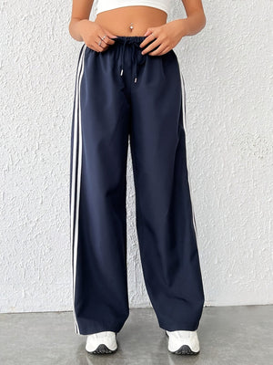 Side Stripes Elastic Waist Drawstring High Waist Casual Straight-leg Sports Trousers