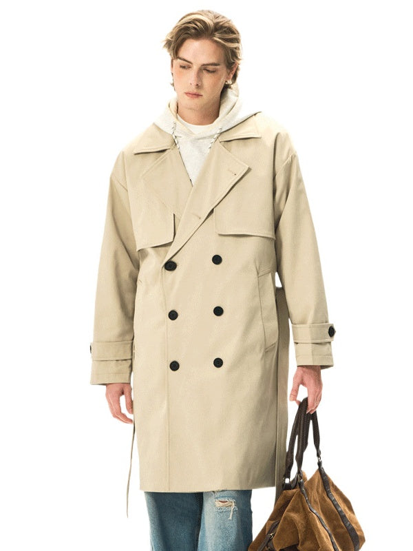 Black Khaki Multiple pockets Mid-length Trench Coats