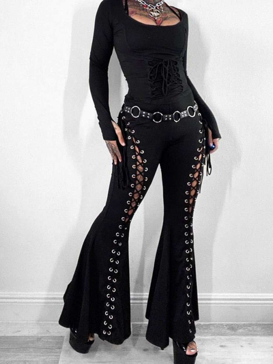 Metal Bandage Hollow Black Slightly Flared Pants