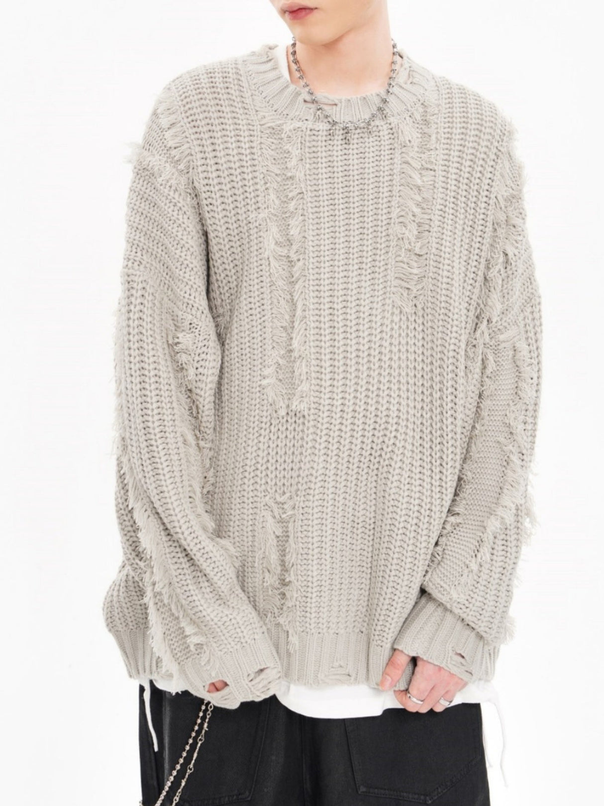 Mahua Hole Raw Edges All-match Crew Neck Sweater