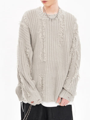 Mahua Hole Raw Edges All-match Crew Neck Sweater