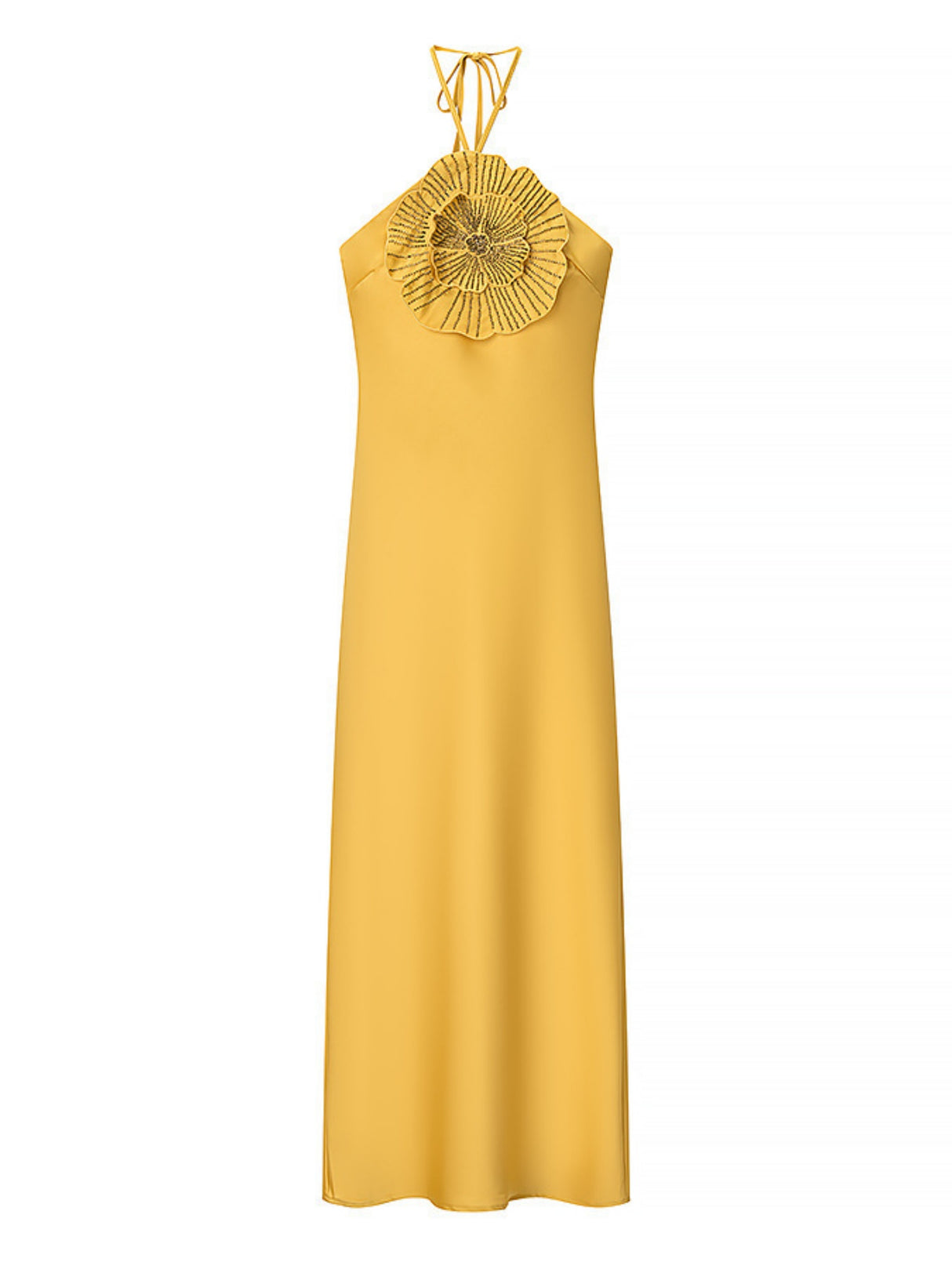 Rhinestone 3D Flower Halter Neck And Backless Satin Maxi Dresses