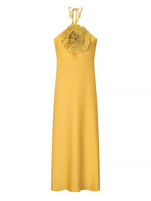 Rhinestone 3D Flower Halter Neck And Backless Satin Maxi Dresses