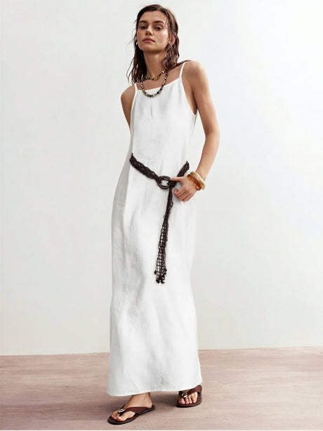 Cotton Linen Slit Spaghetti Strap Long Dress