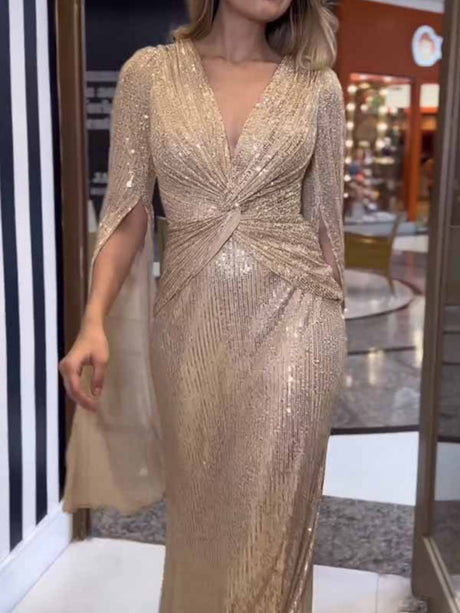 V-neck Hip-hugging Sequins Cloak Parties Maxi Dresses