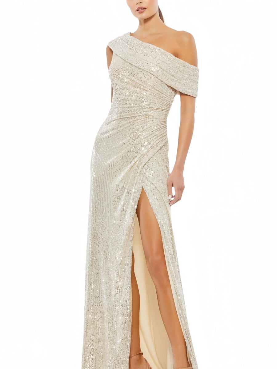 Sloping Shoulder  High Side Split Sequins Maxi Dresses