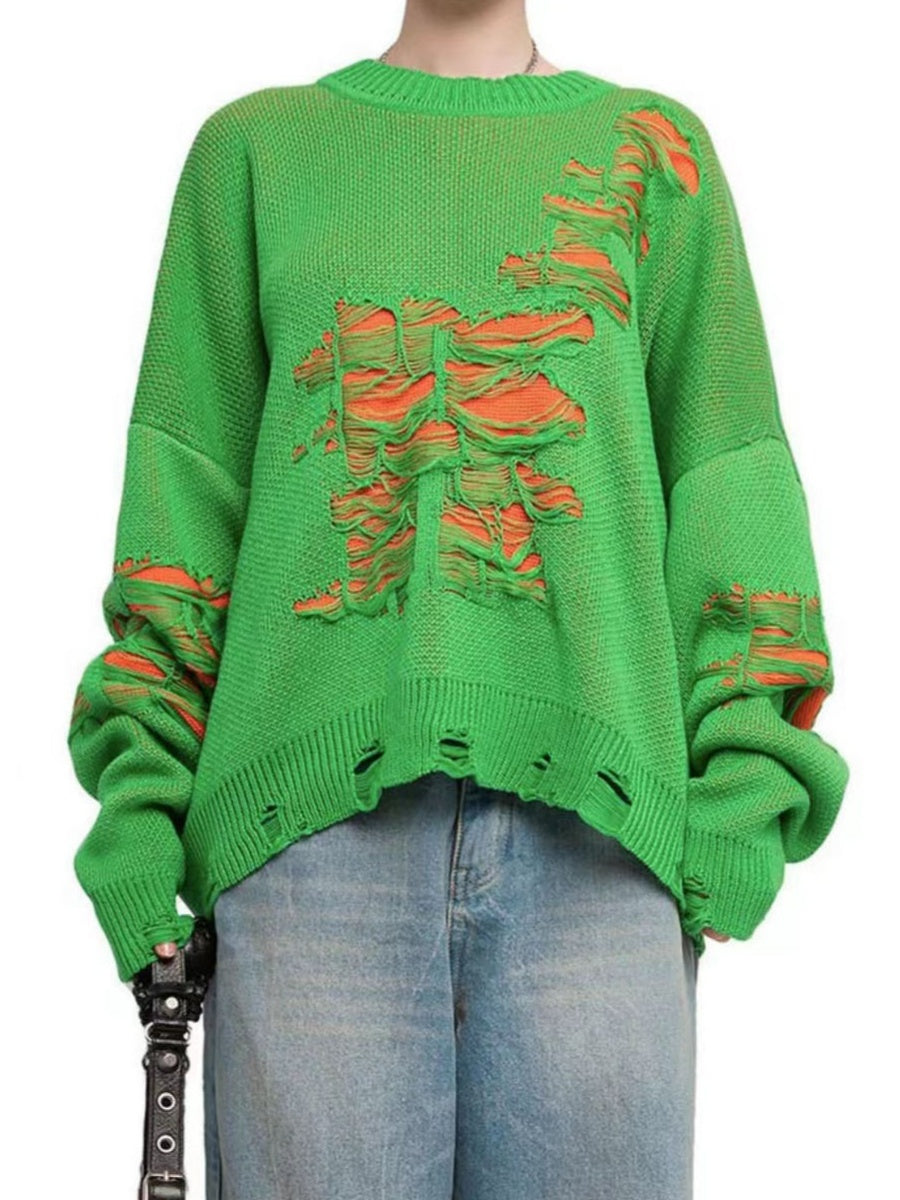 Liber Autumn women's contrast color tattered patchwork pullover sweater