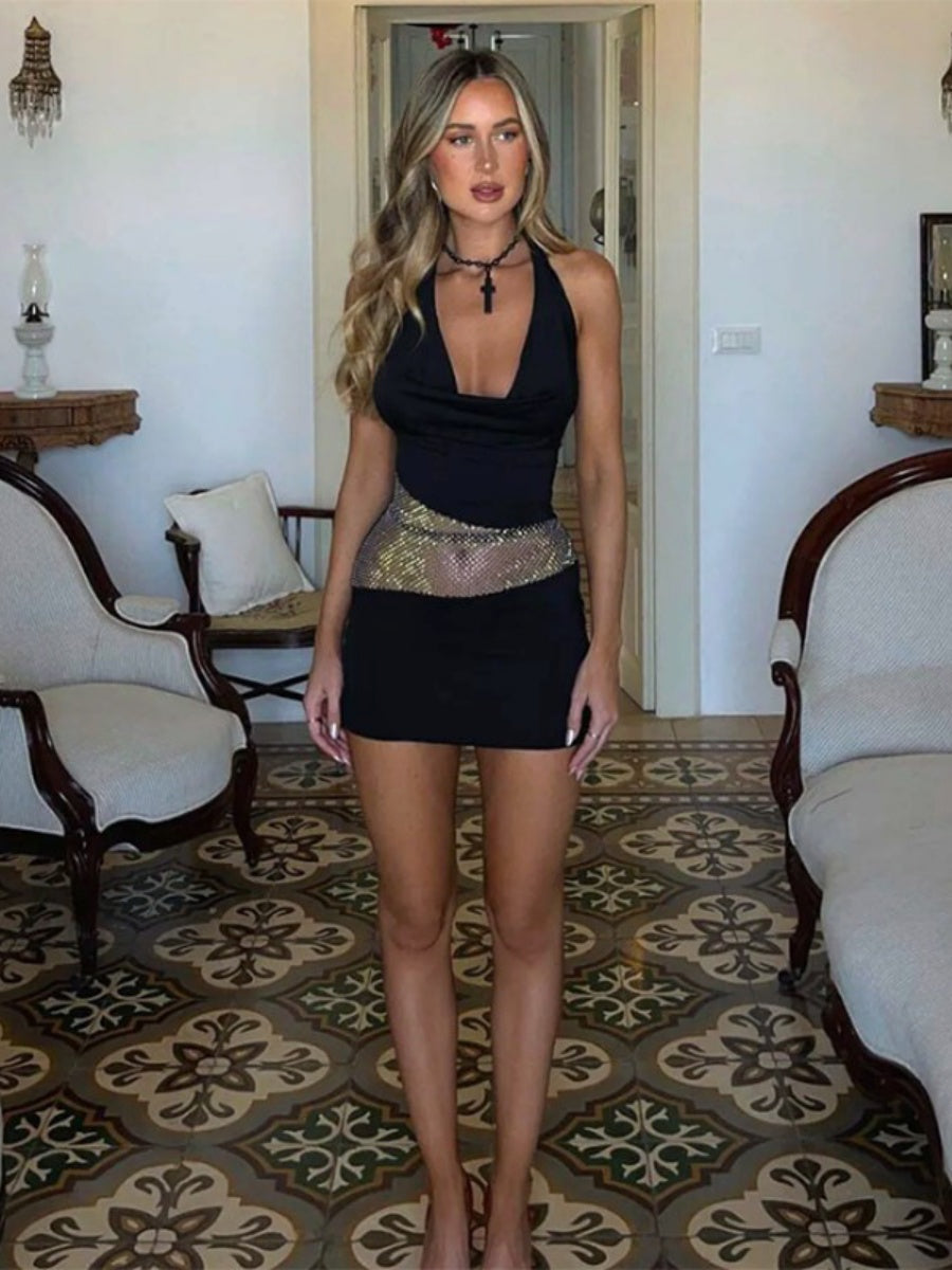 【EXPÉDITION NORMALE】Robes courtes et mini dos nu à col drapé et empiècements en maille scintillante