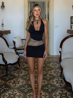 【EXPÉDITION NORMALE】Robes courtes et mini dos nu à col drapé et empiècements en maille scintillante