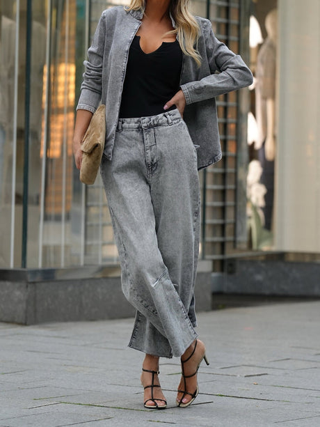 Straps Denim Jacket Jeans Solid Color 2-piece Sets