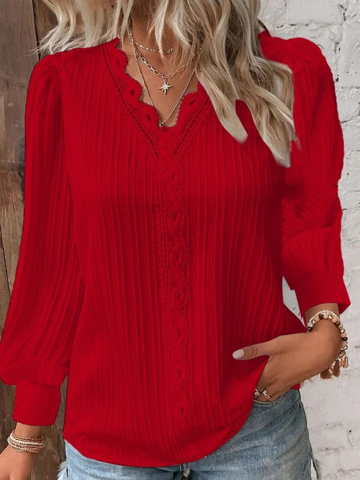 Lace Trim V-neck Long Sleeve Shirt T-shirts