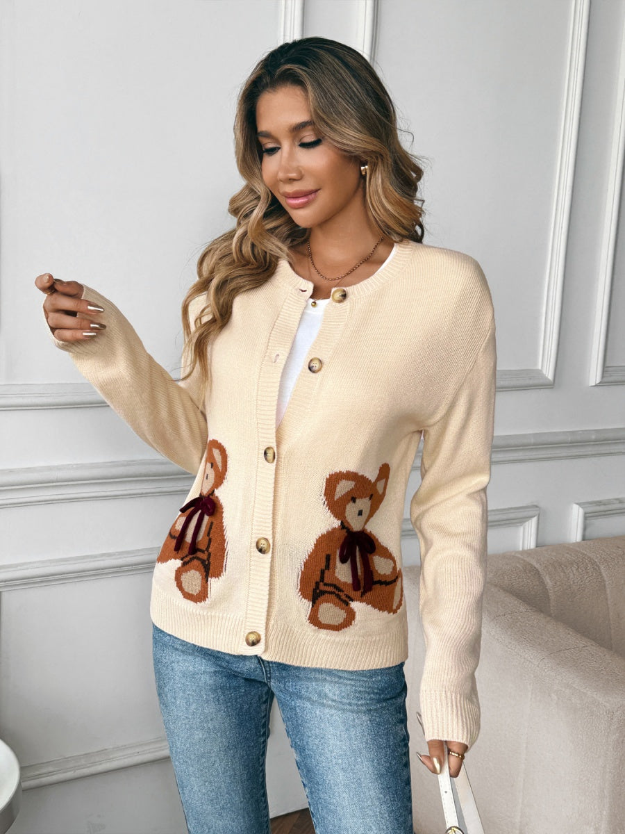Women's Long sleeve Bear apricot button knitted cardigan