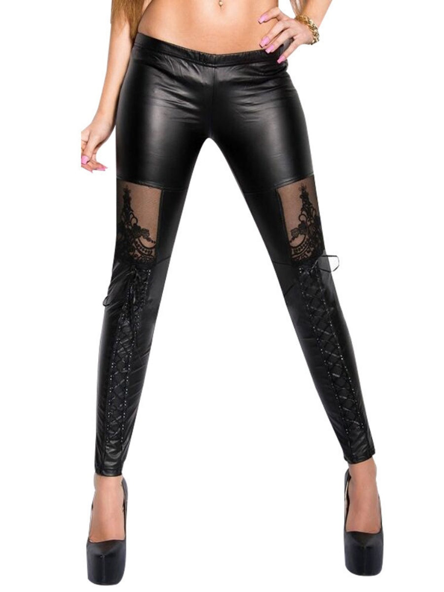 Perspective Lace PU Leather Tight Fit Low Rise Pants