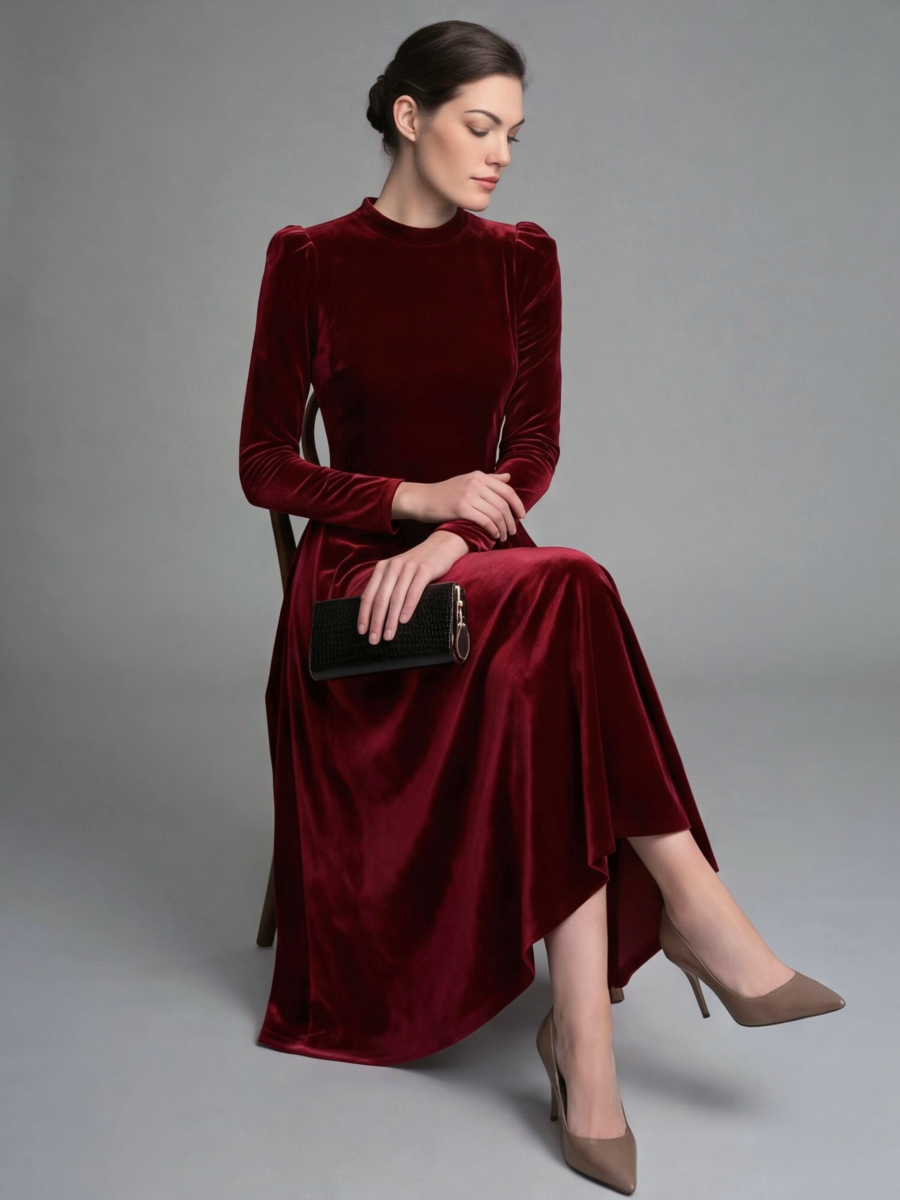 Long Sleeves Solid Color Velvet Maxi Dresses