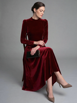 Long Sleeves Solid Color Velvet Maxi Dresses
