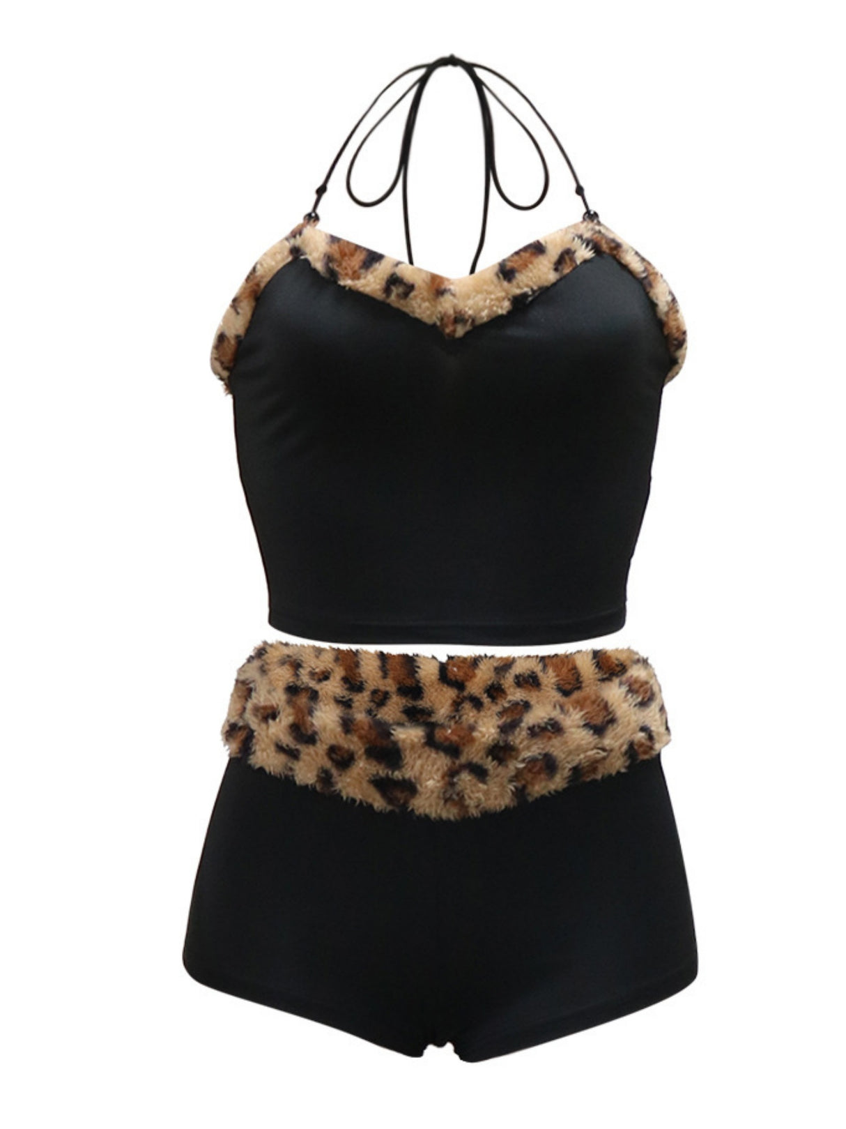 Leopard Print Patchwork Plush Halter Vest Shorts 2-piece Sets