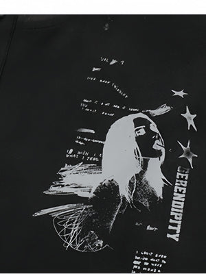 Retro European And American Portrait Prints Distressed Henry Collar Fake Two Pieces Long-sleeved T-shirt