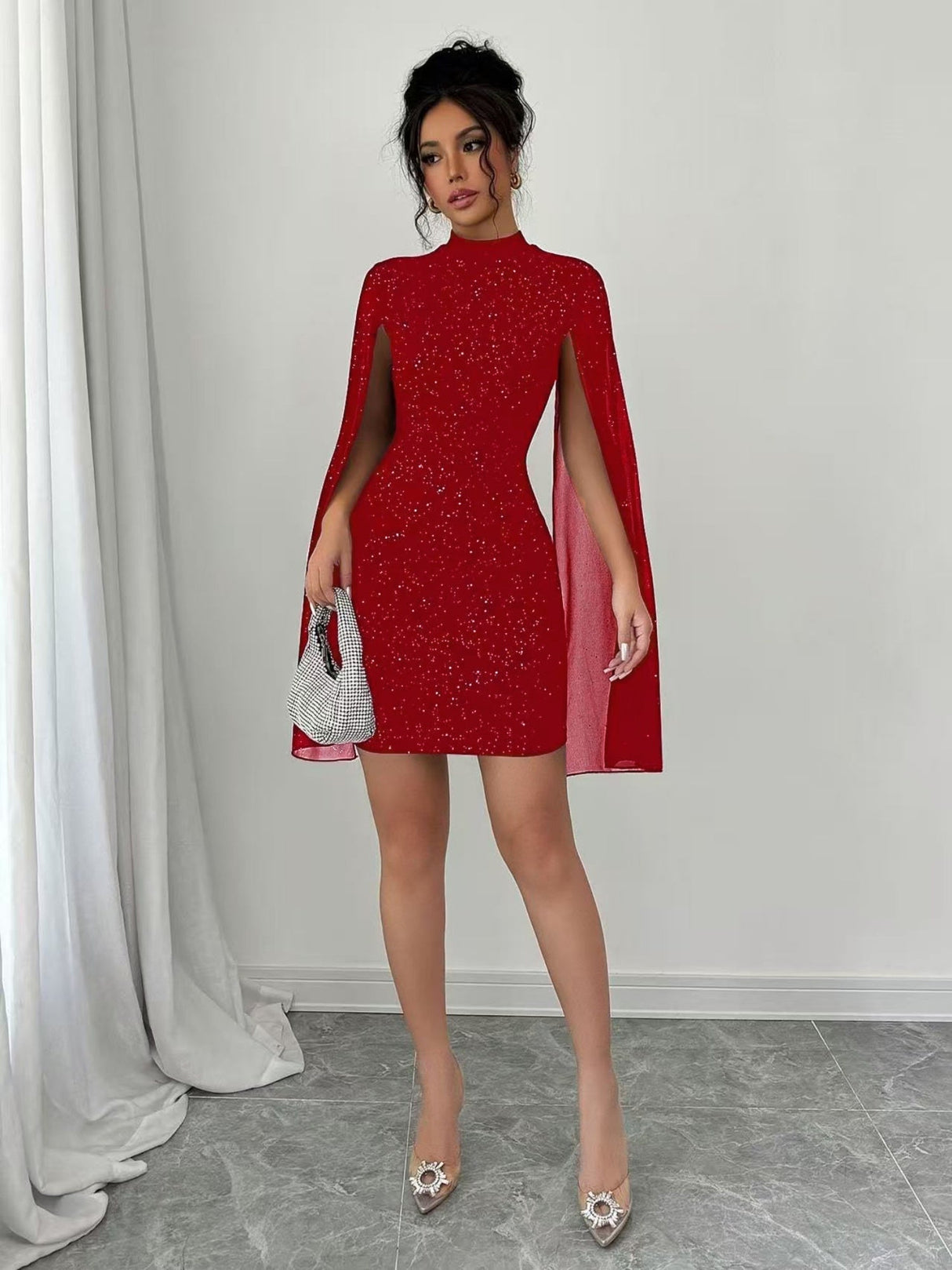 Turtleneck Sequins Chiffon Cape Lantern Sleeve Short Dress