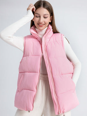 Stand Collar Sleeveless Zipper Pocket Warm Loose Mid-length Down Cotton Vest Jacket