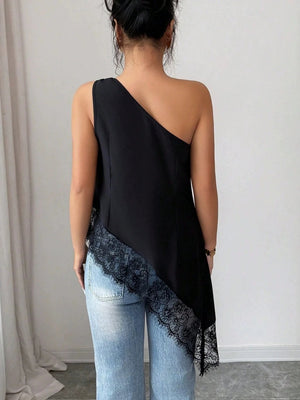 Irregular Hem Lace Stitching Sloping Shoulders Metal Tank Tops&Camis