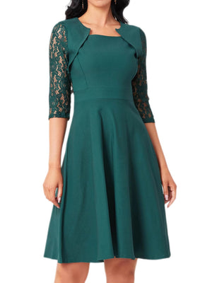 Christmas Square Collar Full Skirt Retro Floral Lace Midi Dresses