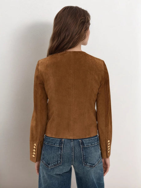 Liber Autumn women's suede metal embellishment round neck jacket