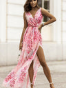 Wrap-up V-neck Bandage Slit Vacation And Leisure Maxi Dresses