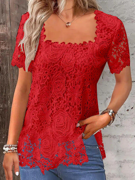Lace Trim Square Collar Short-sleeved T-shirt