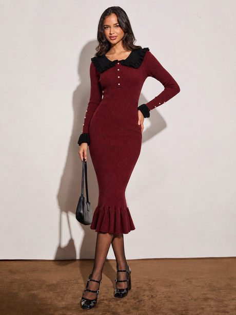 French-style Ruffled Knit Sweater Dress