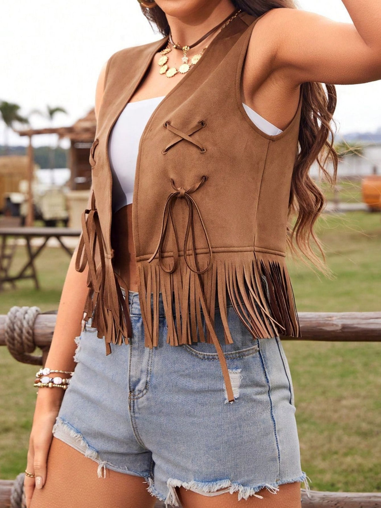 Imitation Suede Tassel Straps Sleeveless Vests