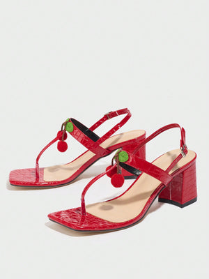 Sexy Red Cherry Square-toe High-heeled Sandals