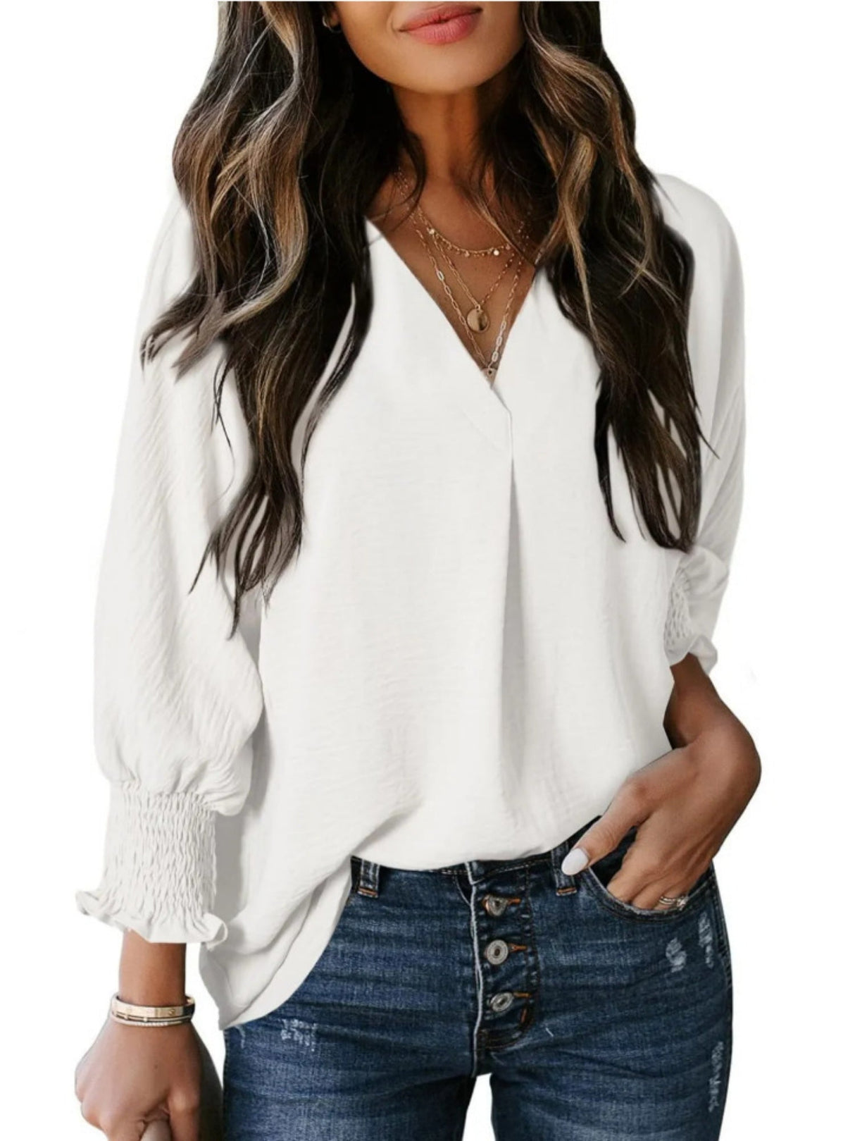V-neck Long Sleeve Roll Up The Cuffs Shirt T-shirts